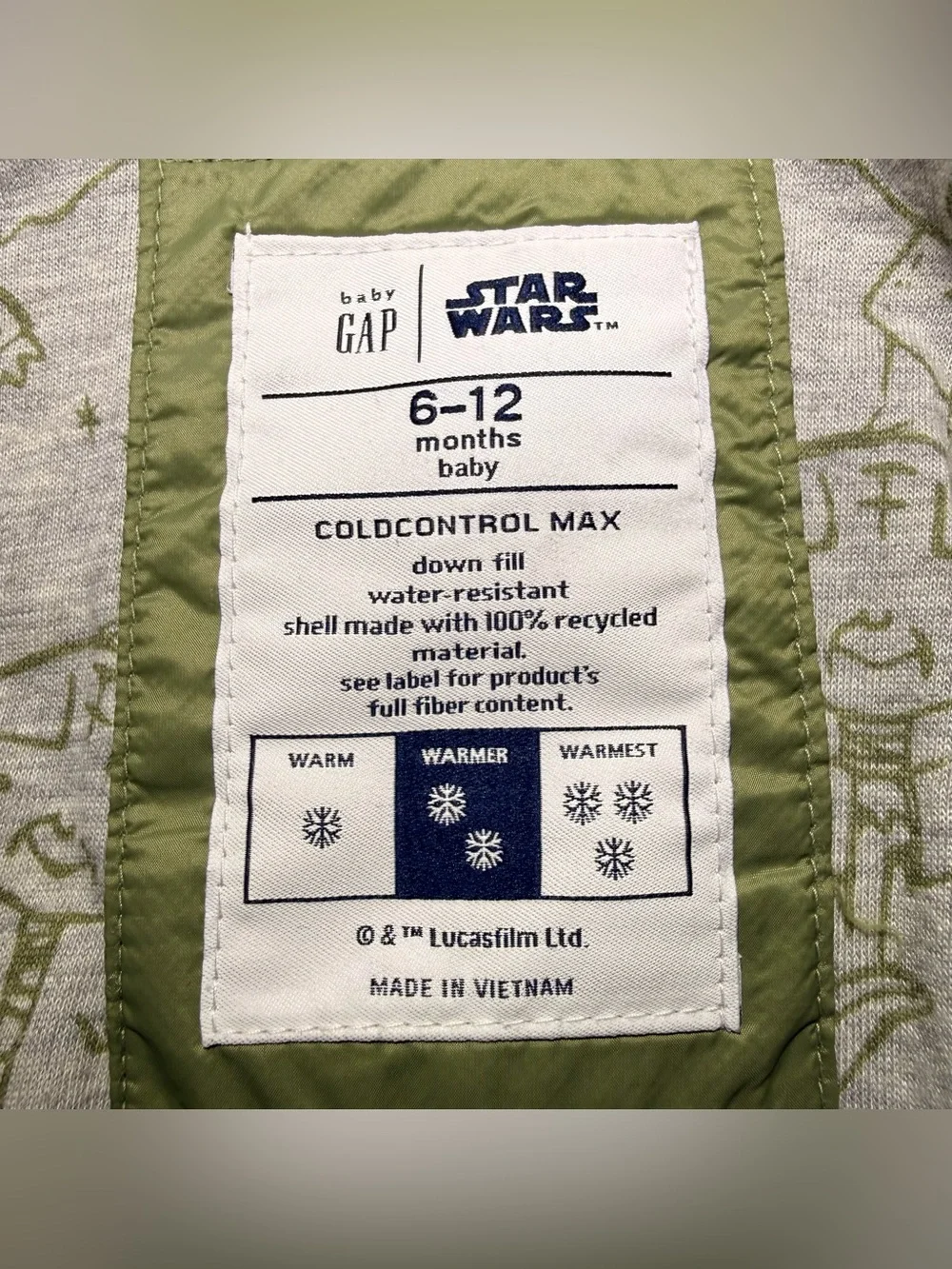 Baby Gap -Yoda - Star Wars Puffer Hooded Jacket green olive- Sz 6-12 months
